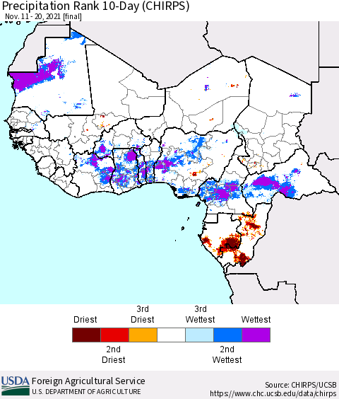 Western Africa Precipitation Rank since 1981, 10-Day (CHIRPS) Thematic Map For 11/11/2021 - 11/20/2021