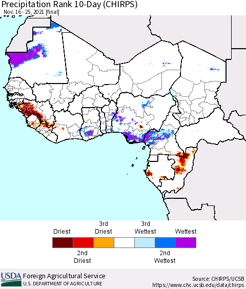 Western Africa Precipitation Rank since 1981, 10-Day (CHIRPS) Thematic Map For 11/16/2021 - 11/25/2021