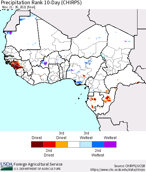 Western Africa Precipitation Rank since 1981, 10-Day (CHIRPS) Thematic Map For 11/21/2021 - 11/30/2021