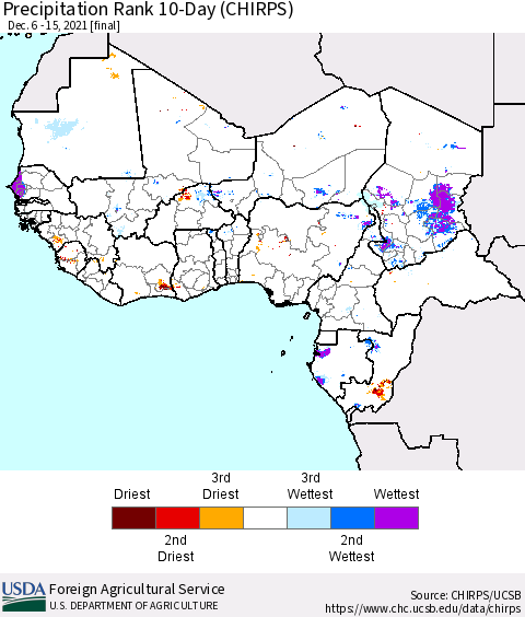 Western Africa Precipitation Rank since 1981, 10-Day (CHIRPS) Thematic Map For 12/6/2021 - 12/15/2021