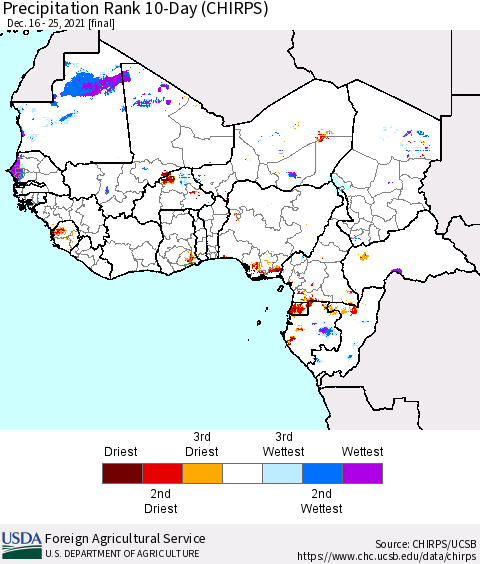 Western Africa Precipitation Rank since 1981, 10-Day (CHIRPS) Thematic Map For 12/16/2021 - 12/25/2021
