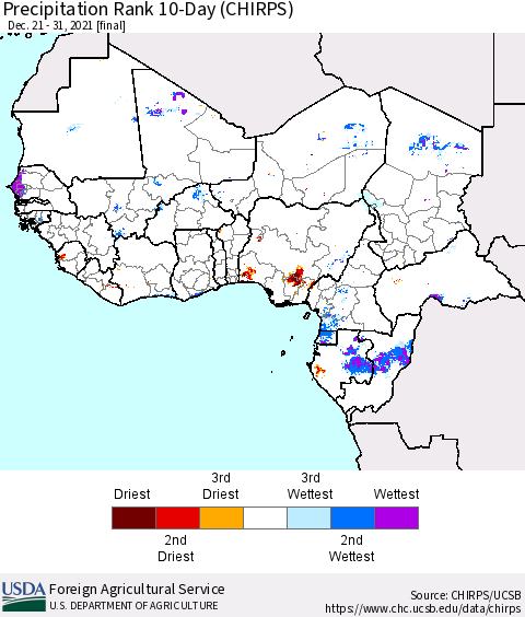 Western Africa Precipitation Rank since 1981, 10-Day (CHIRPS) Thematic Map For 12/21/2021 - 12/31/2021