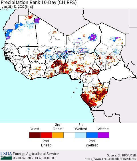 Western Africa Precipitation Rank since 1981, 10-Day (CHIRPS) Thematic Map For 1/21/2022 - 1/31/2022