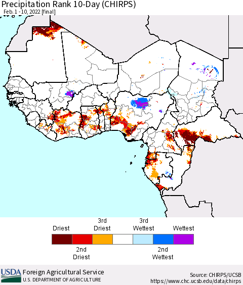 Western Africa Precipitation Rank since 1981, 10-Day (CHIRPS) Thematic Map For 2/1/2022 - 2/10/2022