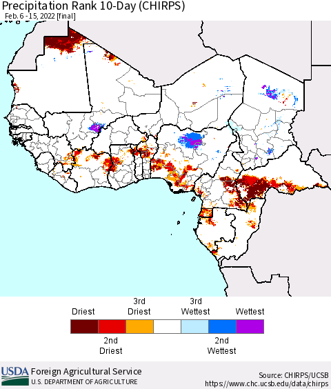 Western Africa Precipitation Rank since 1981, 10-Day (CHIRPS) Thematic Map For 2/6/2022 - 2/15/2022