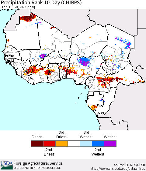 Western Africa Precipitation Rank since 1981, 10-Day (CHIRPS) Thematic Map For 2/11/2022 - 2/20/2022