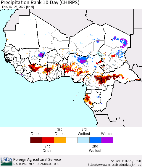 Western Africa Precipitation Rank since 1981, 10-Day (CHIRPS) Thematic Map For 2/16/2022 - 2/25/2022