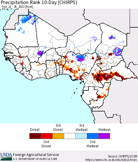 Western Africa Precipitation Rank since 1981, 10-Day (CHIRPS) Thematic Map For 2/21/2022 - 2/28/2022