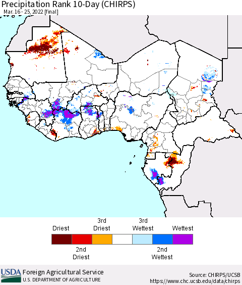 Western Africa Precipitation Rank since 1981, 10-Day (CHIRPS) Thematic Map For 3/16/2022 - 3/25/2022