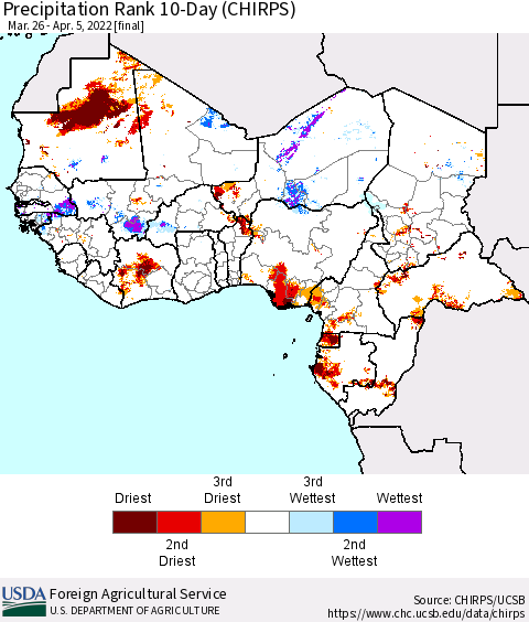 Western Africa Precipitation Rank since 1981, 10-Day (CHIRPS) Thematic Map For 3/26/2022 - 4/5/2022