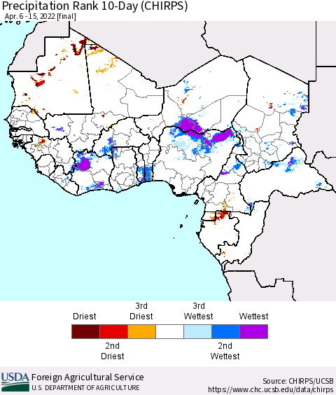 Western Africa Precipitation Rank since 1981, 10-Day (CHIRPS) Thematic Map For 4/6/2022 - 4/15/2022