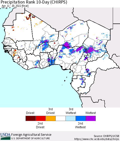 Western Africa Precipitation Rank since 1981, 10-Day (CHIRPS) Thematic Map For 4/11/2022 - 4/20/2022