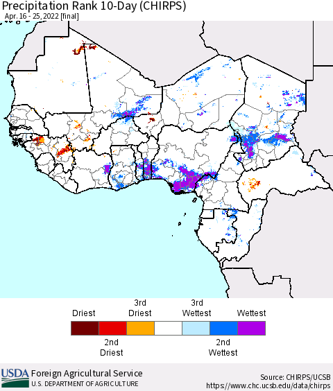 Western Africa Precipitation Rank since 1981, 10-Day (CHIRPS) Thematic Map For 4/16/2022 - 4/25/2022