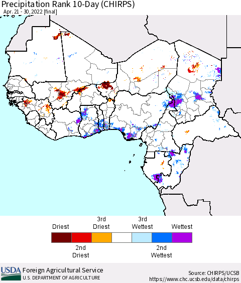 Western Africa Precipitation Rank since 1981, 10-Day (CHIRPS) Thematic Map For 4/21/2022 - 4/30/2022