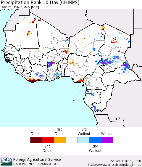 Western Africa Precipitation Rank since 1981, 10-Day (CHIRPS) Thematic Map For 4/26/2022 - 5/5/2022