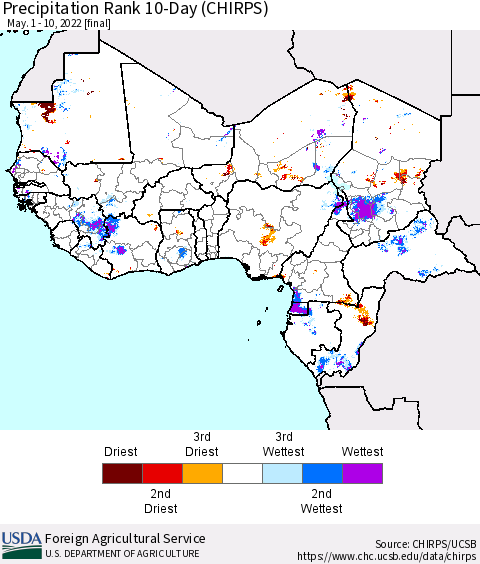 Western Africa Precipitation Rank since 1981, 10-Day (CHIRPS) Thematic Map For 5/1/2022 - 5/10/2022
