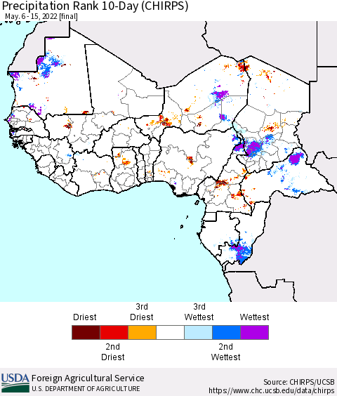 Western Africa Precipitation Rank since 1981, 10-Day (CHIRPS) Thematic Map For 5/6/2022 - 5/15/2022
