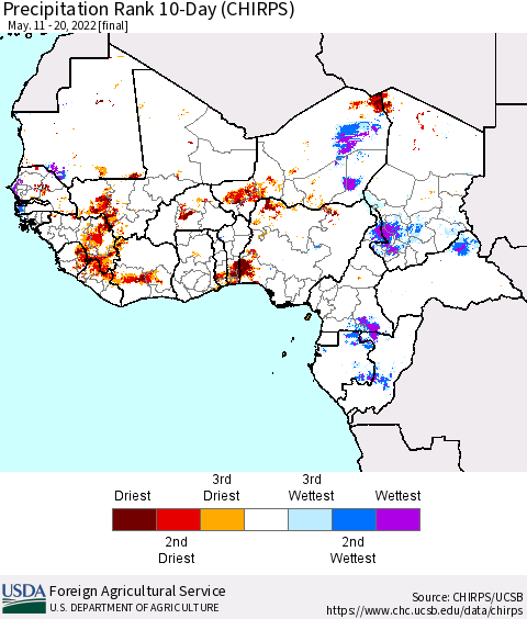 Western Africa Precipitation Rank since 1981, 10-Day (CHIRPS) Thematic Map For 5/11/2022 - 5/20/2022