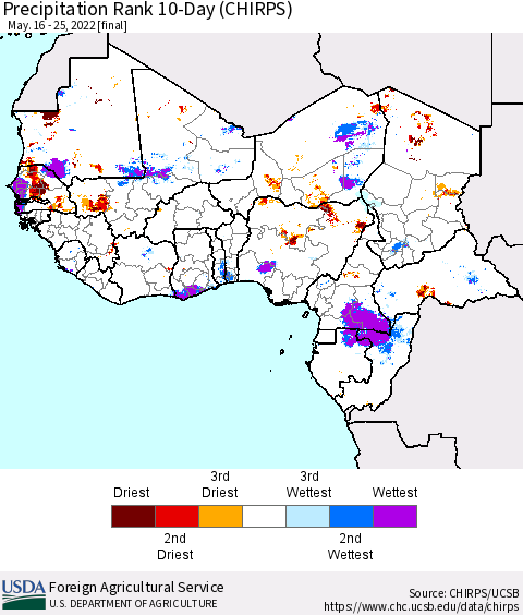 Western Africa Precipitation Rank since 1981, 10-Day (CHIRPS) Thematic Map For 5/16/2022 - 5/25/2022
