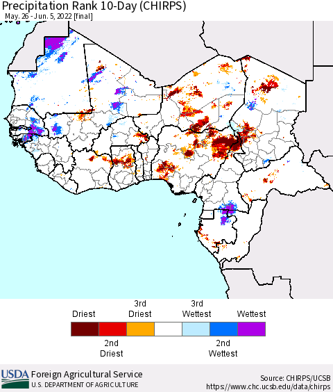 Western Africa Precipitation Rank since 1981, 10-Day (CHIRPS) Thematic Map For 5/26/2022 - 6/5/2022