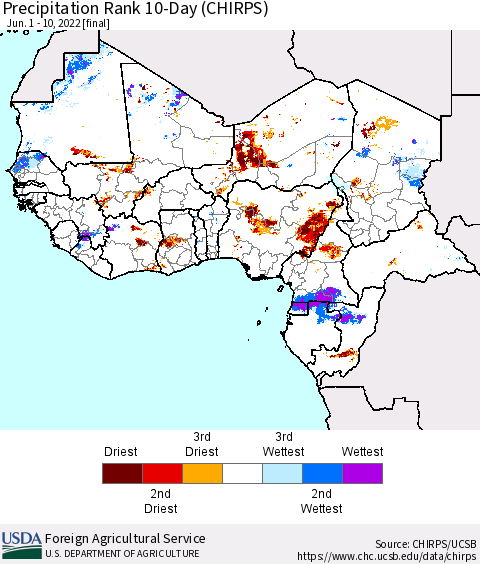 Western Africa Precipitation Rank since 1981, 10-Day (CHIRPS) Thematic Map For 6/1/2022 - 6/10/2022