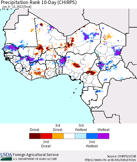 Western Africa Precipitation Rank since 1981, 10-Day (CHIRPS) Thematic Map For 6/6/2022 - 6/15/2022