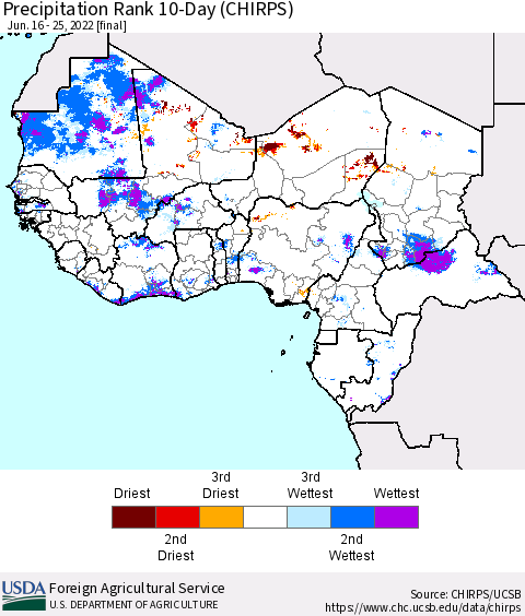 Western Africa Precipitation Rank since 1981, 10-Day (CHIRPS) Thematic Map For 6/16/2022 - 6/25/2022