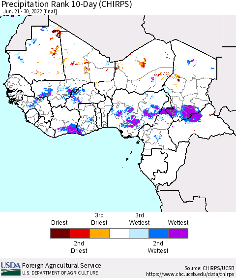 Western Africa Precipitation Rank since 1981, 10-Day (CHIRPS) Thematic Map For 6/21/2022 - 6/30/2022