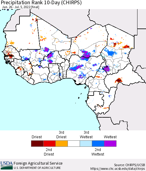 Western Africa Precipitation Rank since 1981, 10-Day (CHIRPS) Thematic Map For 6/26/2022 - 7/5/2022