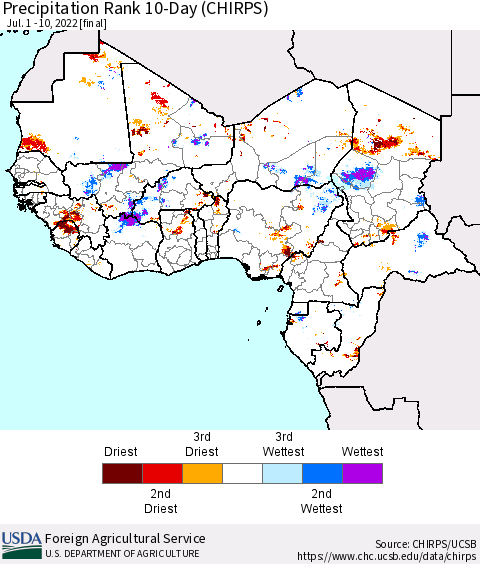 Western Africa Precipitation Rank since 1981, 10-Day (CHIRPS) Thematic Map For 7/1/2022 - 7/10/2022