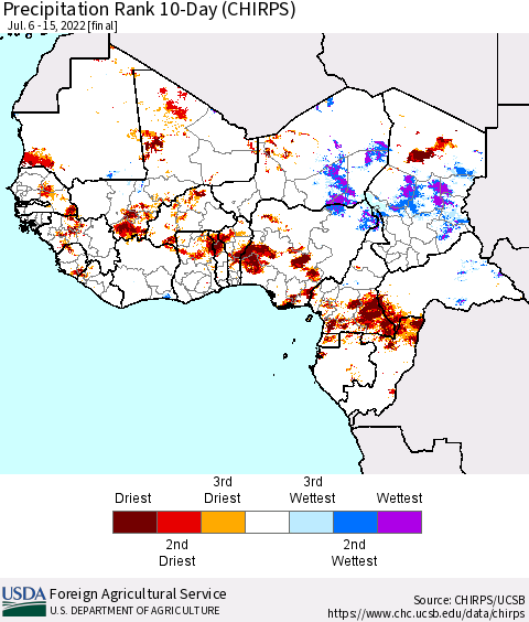 Western Africa Precipitation Rank since 1981, 10-Day (CHIRPS) Thematic Map For 7/6/2022 - 7/15/2022