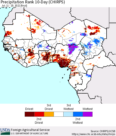 Western Africa Precipitation Rank since 1981, 10-Day (CHIRPS) Thematic Map For 7/11/2022 - 7/20/2022