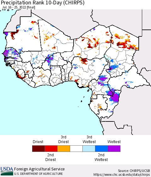 Western Africa Precipitation Rank since 1981, 10-Day (CHIRPS) Thematic Map For 7/16/2022 - 7/25/2022