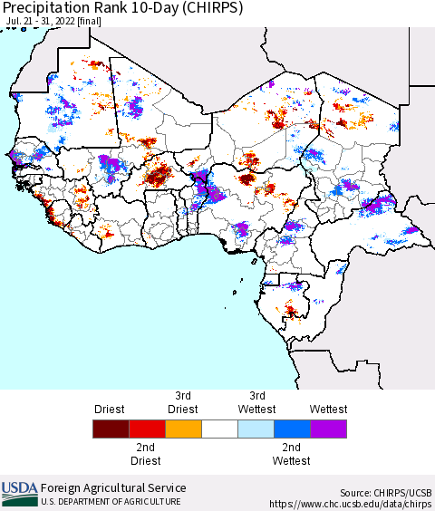 Western Africa Precipitation Rank since 1981, 10-Day (CHIRPS) Thematic Map For 7/21/2022 - 7/31/2022