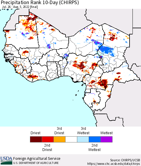 Western Africa Precipitation Rank since 1981, 10-Day (CHIRPS) Thematic Map For 7/26/2022 - 8/5/2022
