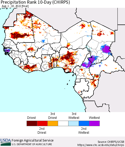 Western Africa Precipitation Rank since 1981, 10-Day (CHIRPS) Thematic Map For 8/1/2022 - 8/10/2022