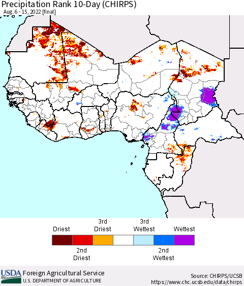 Western Africa Precipitation Rank since 1981, 10-Day (CHIRPS) Thematic Map For 8/6/2022 - 8/15/2022