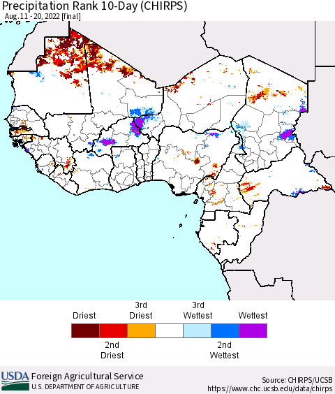 Western Africa Precipitation Rank since 1981, 10-Day (CHIRPS) Thematic Map For 8/11/2022 - 8/20/2022