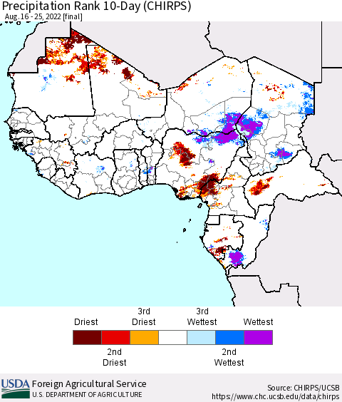 Western Africa Precipitation Rank since 1981, 10-Day (CHIRPS) Thematic Map For 8/16/2022 - 8/25/2022