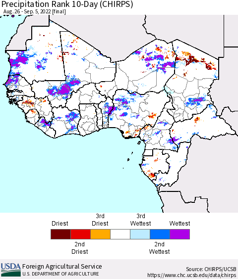 Western Africa Precipitation Rank since 1981, 10-Day (CHIRPS) Thematic Map For 8/26/2022 - 9/5/2022