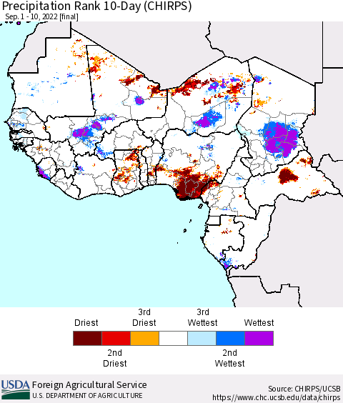Western Africa Precipitation Rank since 1981, 10-Day (CHIRPS) Thematic Map For 9/1/2022 - 9/10/2022
