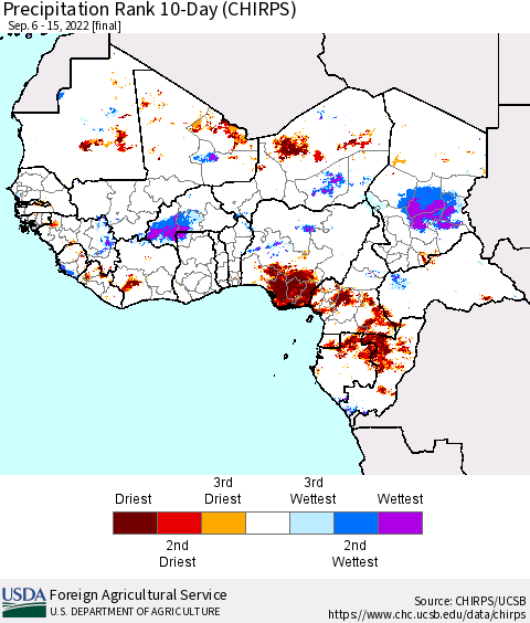 Western Africa Precipitation Rank since 1981, 10-Day (CHIRPS) Thematic Map For 9/6/2022 - 9/15/2022