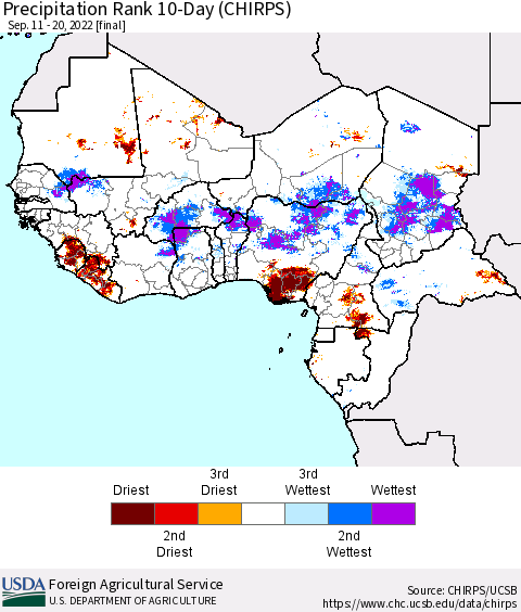 Western Africa Precipitation Rank since 1981, 10-Day (CHIRPS) Thematic Map For 9/11/2022 - 9/20/2022