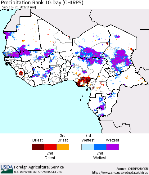 Western Africa Precipitation Rank since 1981, 10-Day (CHIRPS) Thematic Map For 9/16/2022 - 9/25/2022