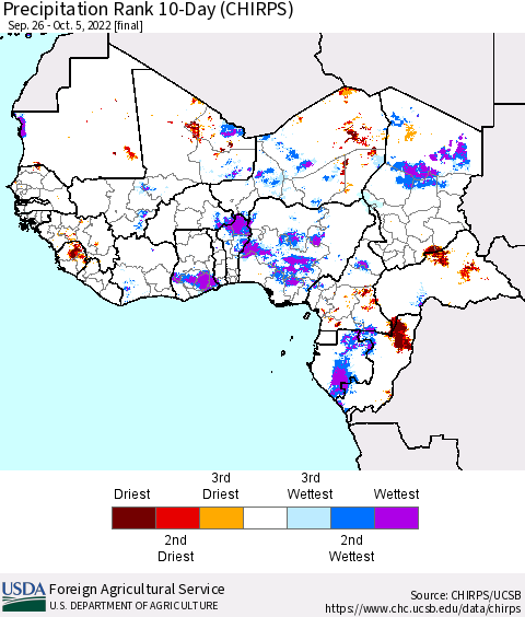Western Africa Precipitation Rank since 1981, 10-Day (CHIRPS) Thematic Map For 9/26/2022 - 10/5/2022