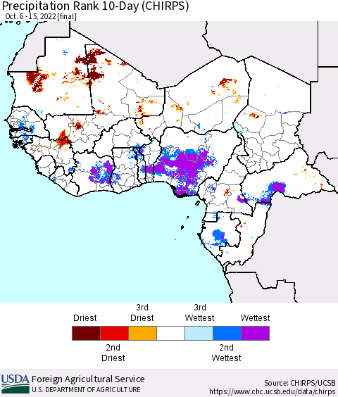 Western Africa Precipitation Rank since 1981, 10-Day (CHIRPS) Thematic Map For 10/6/2022 - 10/15/2022
