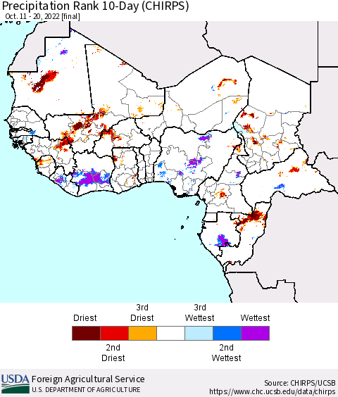 Western Africa Precipitation Rank since 1981, 10-Day (CHIRPS) Thematic Map For 10/11/2022 - 10/20/2022