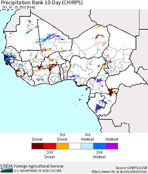 Western Africa Precipitation Rank since 1981, 10-Day (CHIRPS) Thematic Map For 10/16/2022 - 10/25/2022