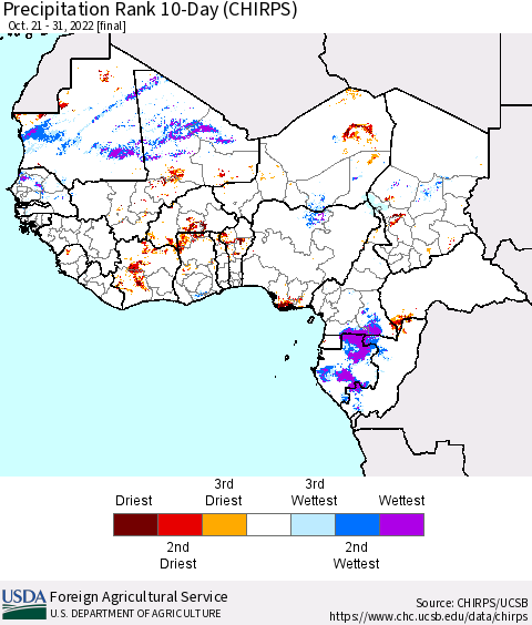 Western Africa Precipitation Rank since 1981, 10-Day (CHIRPS) Thematic Map For 10/21/2022 - 10/31/2022