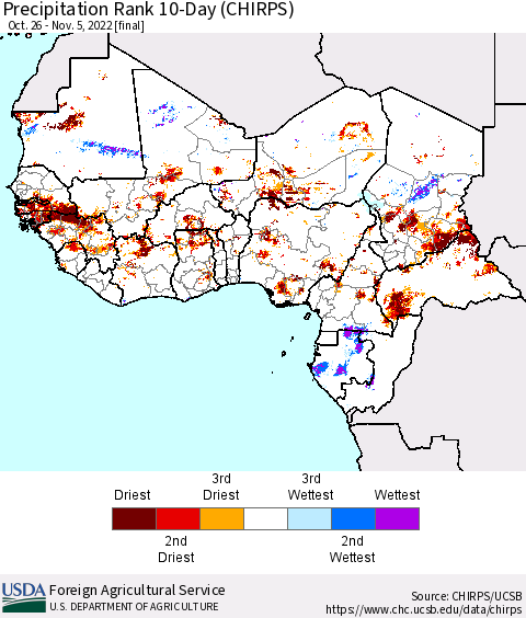 Western Africa Precipitation Rank since 1981, 10-Day (CHIRPS) Thematic Map For 10/26/2022 - 11/5/2022